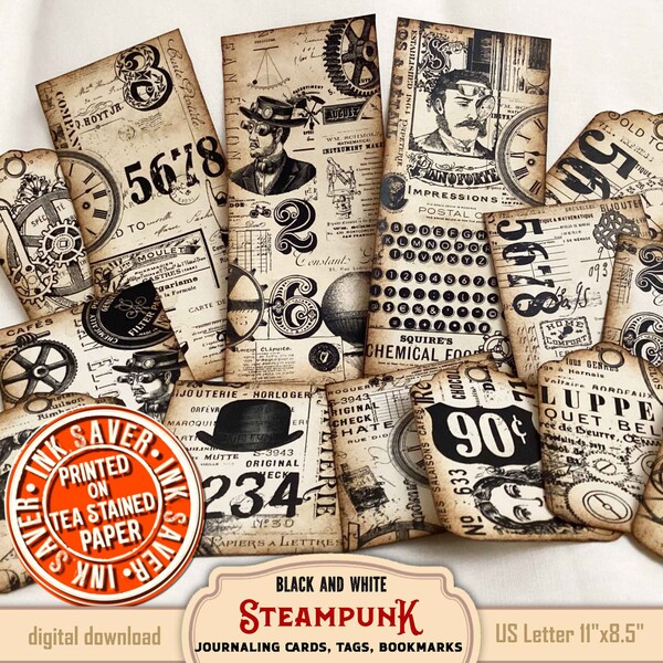 Steampunk Industrial Digital Download - Monochrome Ink Saver Cards, Tags, and Bookmarks for Vintage Grunge junk journals and paper crafts