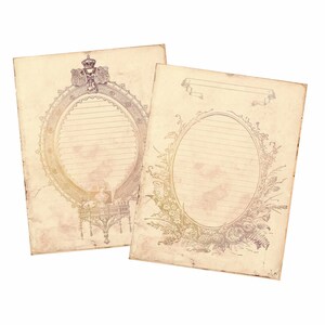 May include: Two vintage, blank, cream-colored paper cards with ornate oval frames. The top card has a crown and a decorative border. The bottom card has a floral border.