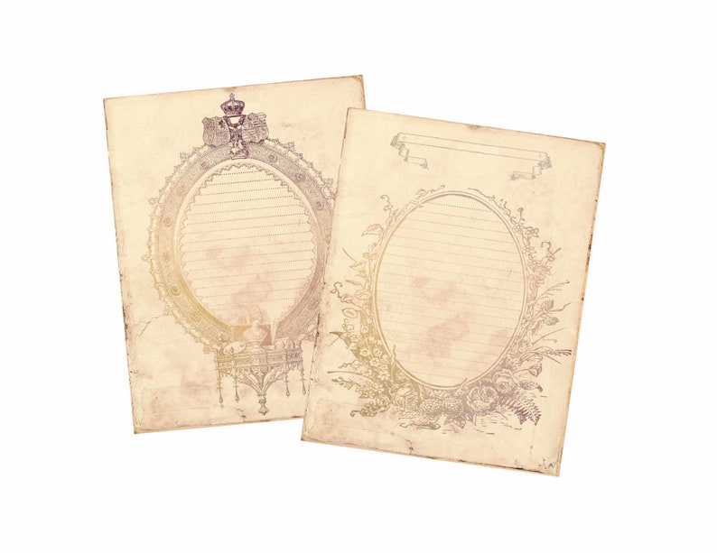 May include: Two vintage, blank, cream-colored paper cards with ornate oval frames. The top card has a crown and a decorative border. The bottom card has a floral border.