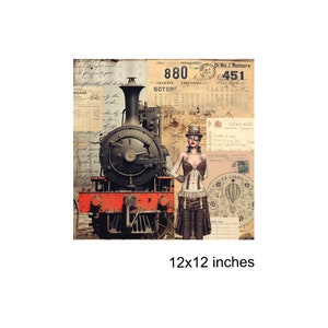 May include: A vintage-style collage featuring a black steam locomotive with red accents, a woman in a steampunk-inspired outfit, and various antique paper ephemera, including a postcard with the text "TUCKS POST" and a stamp with the text "EX LIBRIS". The image is 12x12 inches.