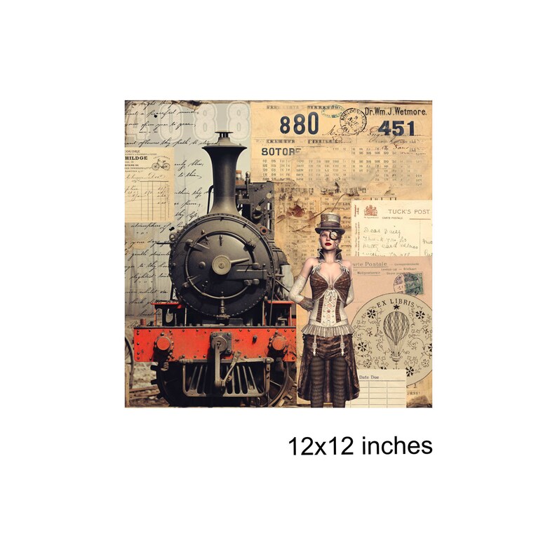 May include: A vintage-style collage featuring a black steam locomotive with red accents, a woman in a steampunk-inspired outfit, and various antique paper ephemera, including a postcard with the text "TUCKS POST" and a stamp with the text "EX LIBRIS". The image is 12x12 inches.