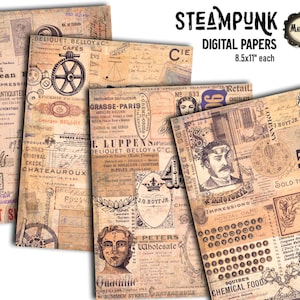 Steampunk Victorian grunge digital collage, scrapbooking decorative papers for junk journaling, digital download