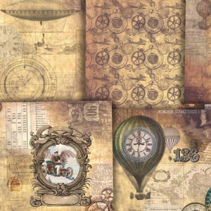 May include: A vintage collage featuring a hot air balloon, clock faces, gears, and a map with the text "MUNCHEN, STAUBSTRASSE 4" and "136". The collage has a distressed, aged look with a brown and cream color scheme.