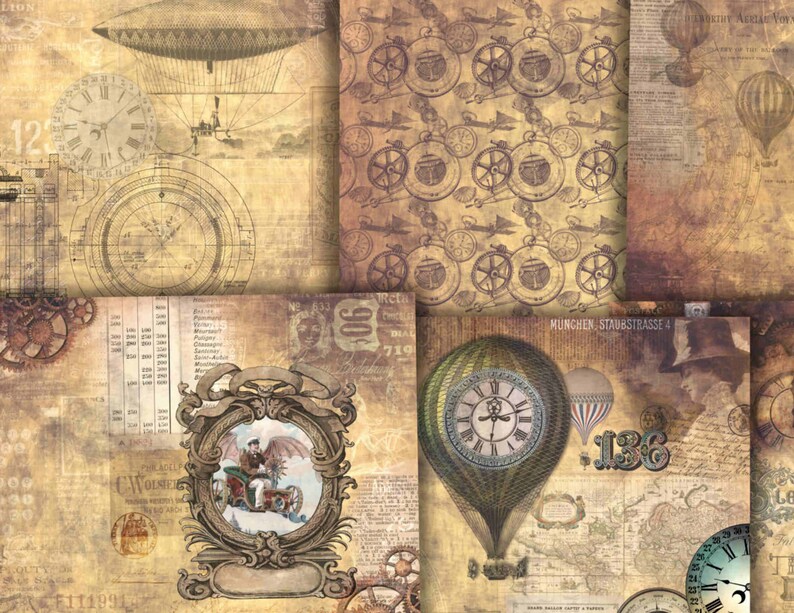 May include: A vintage collage featuring a hot air balloon, clock faces, gears, and a map with the text "MUNCHEN, STAUBSTRASSE 4" and "136". The collage has a distressed, aged look with a brown and cream color scheme.