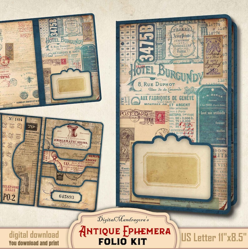 Vintage Ephemera Folio Printable Kit • Sepia Ink Blue • Junk Journal ...