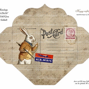 May include: A printable envelope template featuring a vintage postcard design with a white rabbit illustration, "Post Card" text, and an "Air Mail" stamp. The envelope is 6.23 inches by 3.6 inches and can be printed on US letter size paper.