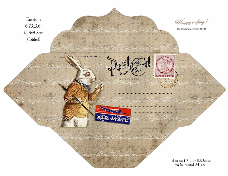 May include: A printable envelope template featuring a vintage postcard design with a white rabbit illustration, "Post Card" text, and an "Air Mail" stamp. The envelope is 6.23 inches by 3.6 inches and can be printed on US letter size paper.