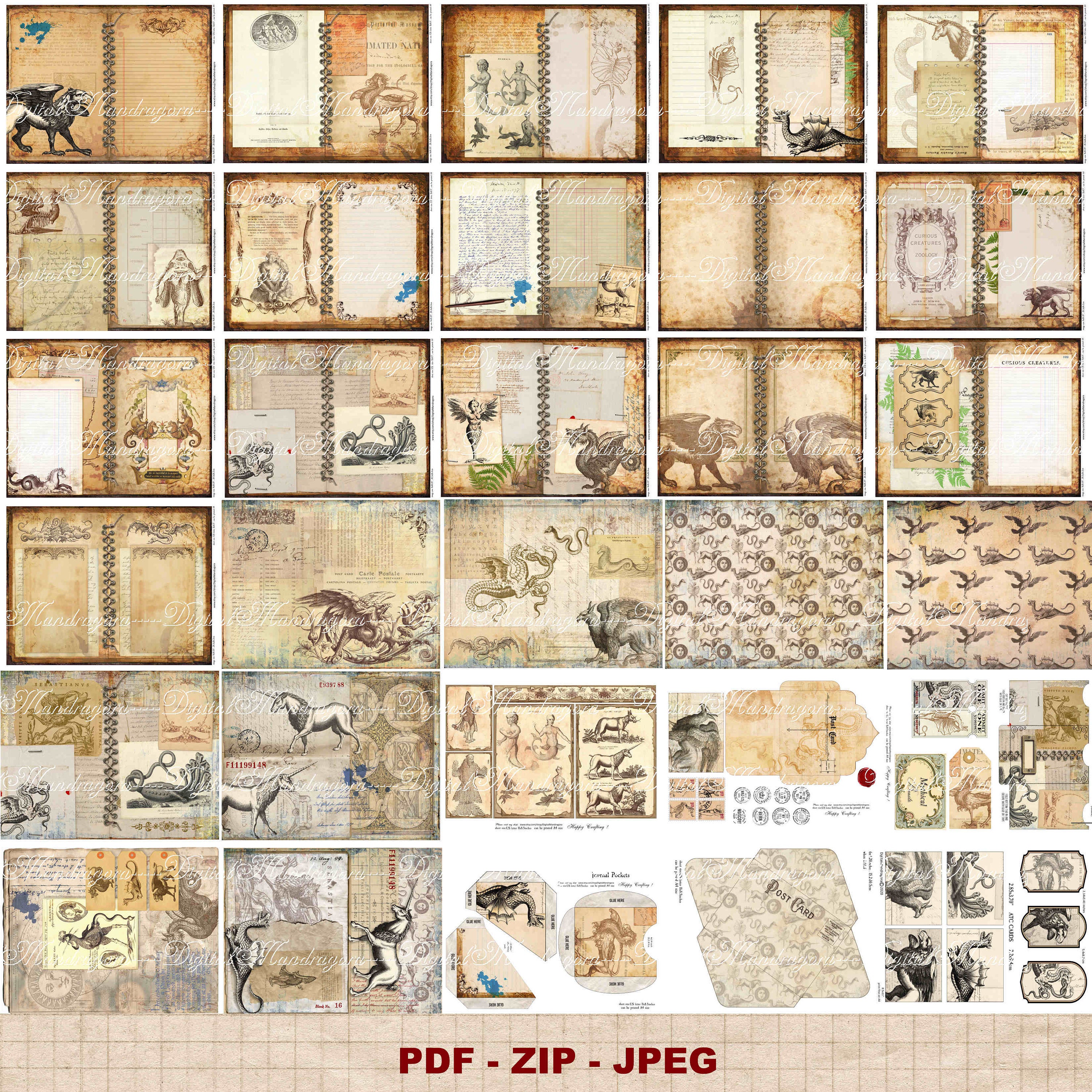 Mythical Creatures Junk Journal Kit: Medieval Beasts Illustrations ...