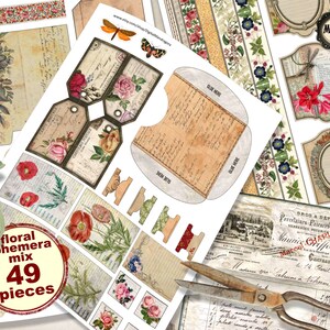 May include: A set of 49 printable floral ephemera digital papers and elements. The set includes floral illustrations, vintage labels, and decorative borders. The papers are perfect for scrapbooking, card making, and other crafting projects.