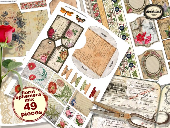Floral Ephemera Mix: Vintage Scrapbook Embellishments (Digital Download)