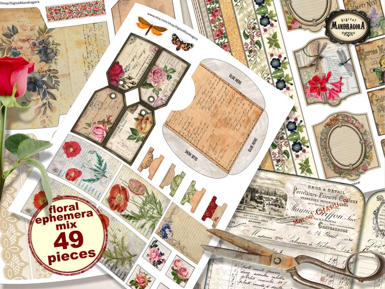 May include: A set of 49 printable floral ephemera digital papers and elements. The set includes floral illustrations, vintage labels, and decorative borders. The papers are perfect for scrapbooking, card making, and other crafting projects.