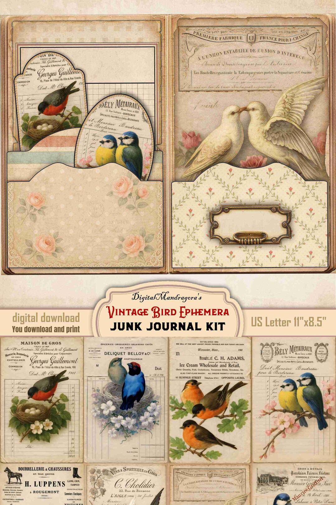 Vintage Bird Ephemera Junk Journal Kit – Printable French Invoice ...