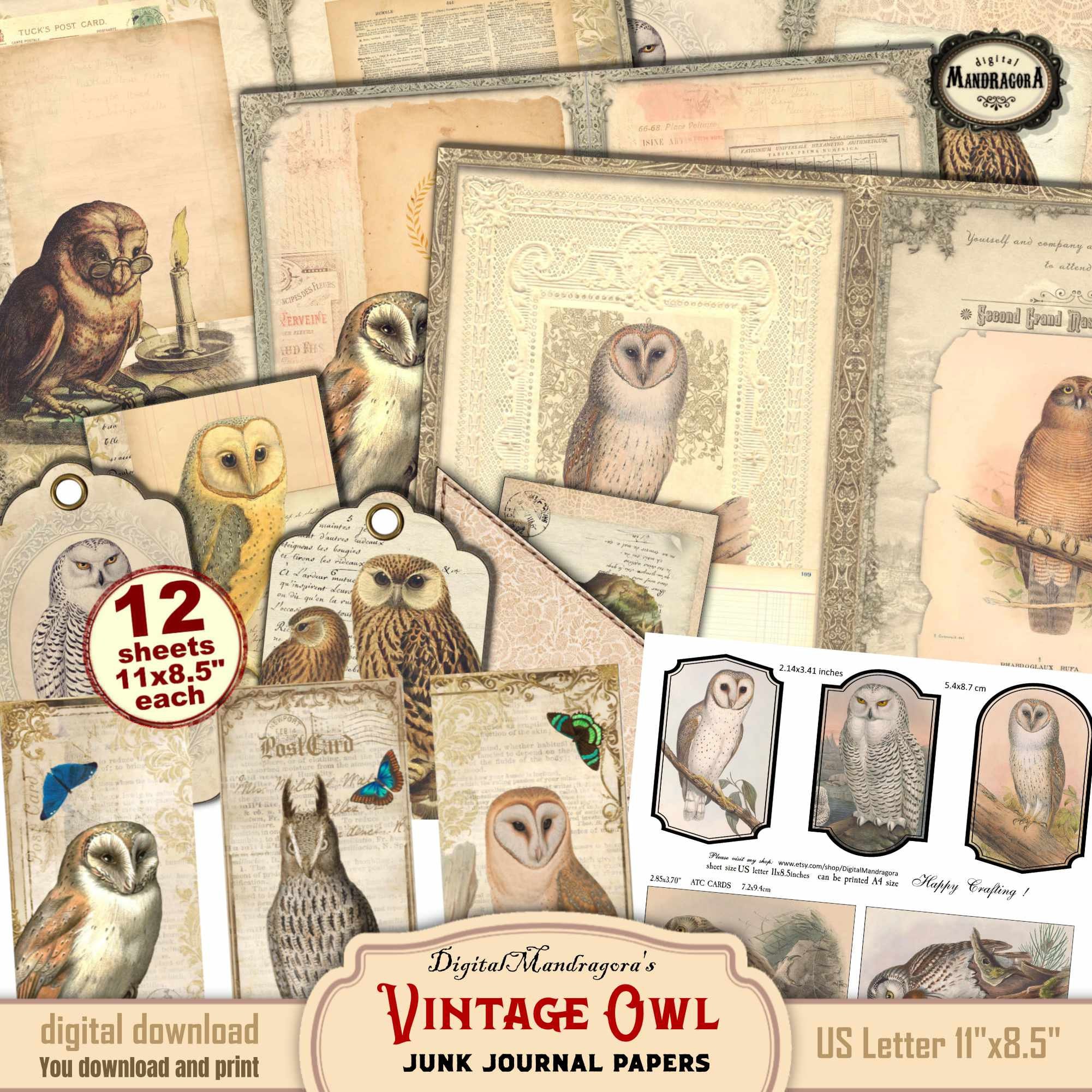 Vintage Owl Junk Journal Papers: Collage Pages, Tags (Digital Download)