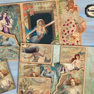 Folio craft kit with vintage mermaids, Folding folio mini project, Printable loaded folio pocket journal with cards and embellishments