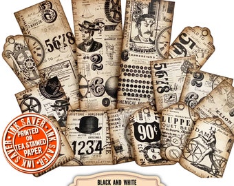 Steampunk Industrial Digital Download - Monochrome Ink Saver Cards, Tags, and Bookmarks for Vintage Grunge junk journals and paper crafts