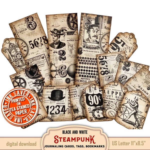 Steampunk Industrial Digital Download - Monochrome Ink Saver Cards, Tags, and Bookmarks for Vintage Grunge junk journals and paper crafts