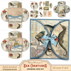 Ocean Creatures Digital Junk Journal Kit - Loaded Folder Flap Folio - Sea Life Folio Supplies - Digital Download Journaling Pages - Ephemera