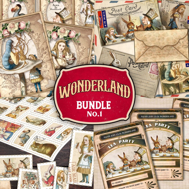 Alice in Wonderland stationery envelopes, Wonderland cards, Wonderland stamps and digital Tea party invitation cards