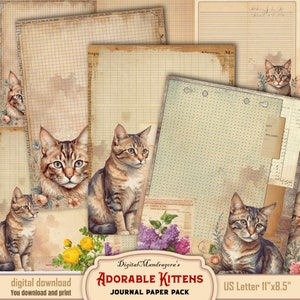 Cats and Kittens, Junk journal pages paper pack, Stained old distressed writing sheets collection, Cat themed digital download for crafters