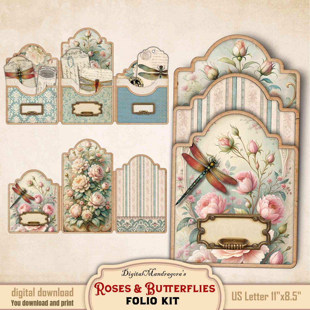 Shabby Floral Junk Journal Folio Kit: Vintage Roses & Dragonflies (PDF ...