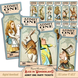 Alice in Wonderland Tea Party tickets, Tea party supplies, digital printable coupons, Tea party invitation, digital download