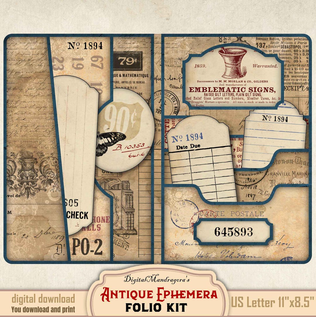 Vintage Ephemera Folio Printable Kit • Sepia Ink Blue • Junk Journal ...