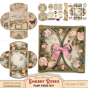 Shabby Roses Loaded Folder Square Shape Flap Folio Kit - Antique Floral Ephemera - Vintage Junk Journal Digital Printable - Journal Pockets