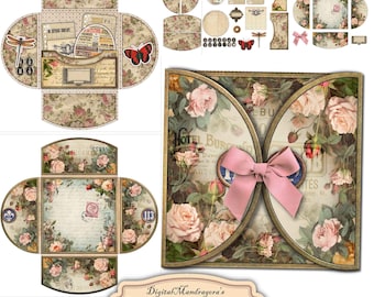 Shabby Roses Loaded Folder Square Shape Flap Folio Kit - Antique Floral Ephemera - Vintage Junk Journal Digital Printable - Journal Pockets