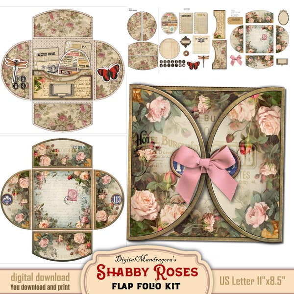 Shabby Roses Junk Journal Folio Kit: Vintage Floral Ephemera (Digital Printable)