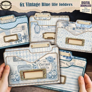 May include: Six digital file folders featuring vintage blue patterns, floral illustrations, and text elements like Pivoines & Roses and The Cottage Garden Seed Co. Each folder includes a blank rectangular label frame with metallic hardware details.