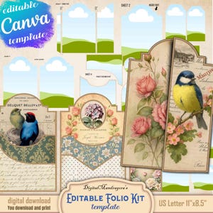 May include: A digital Canva template for an editable folio kit. The design features floral and bird illustrations, with text that reads "Digital Mandragora's Editable Folio Kit template" and "US Letter 11"x8.5". Includes various sheets and pockets.
