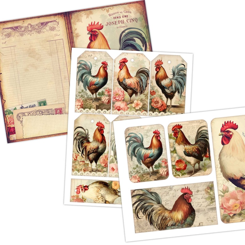 Farmhouse Vibes Printable Journaling Kit - Vintage Roosters & Shabby Cottage Core - Digital Junk Journal Supplies