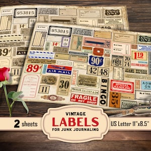 Vintage scrapbooking tags and labels, fussy cut ephemera, die cuts,  junk journal embellishments, card making, instant digital download