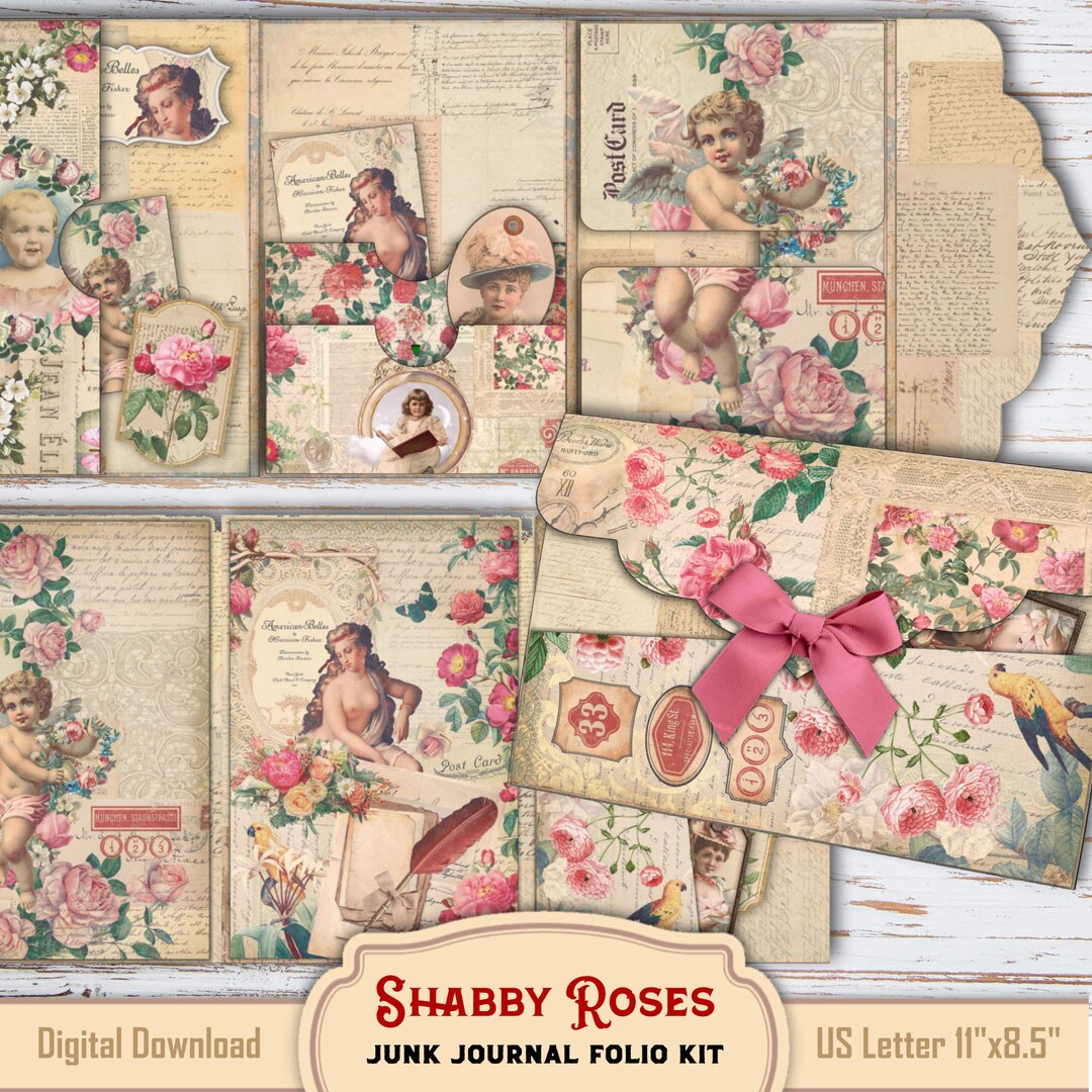 Shabby Roses Floral Folio Loaded Folder, Botanical Junk Journal Kit ...