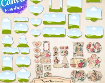 May include: A collection of digital Canva templates featuring various shapes and designs. Includes hearts, frames, tags, and labels with sky and landscape backgrounds. The text "editable Canva template" is visible. The image is US Letter size, 11"x8.5".