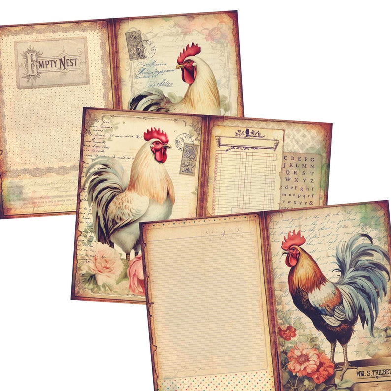Farmhouse Vibes Printable Journaling Kit - Vintage Roosters & Shabby Cottage Core - Digital Junk Journal Supplies