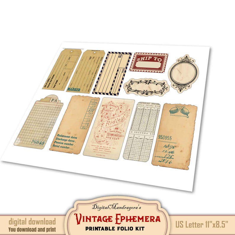 Vintage loaded folio ephemera kit for DIY paper crafts, digital download