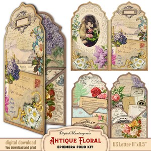 Easy DIY Ephemera Folio Kit, Vintage Floral Junk Journal Printables, Antique Hanging Tags, Digital Cards Printable Ephemera DIY Crafting