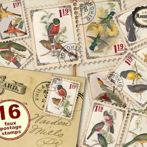 Vintage birds faux postage stamps, printable stamps, scrapbooking stamps, junk journal embellishments, digital download