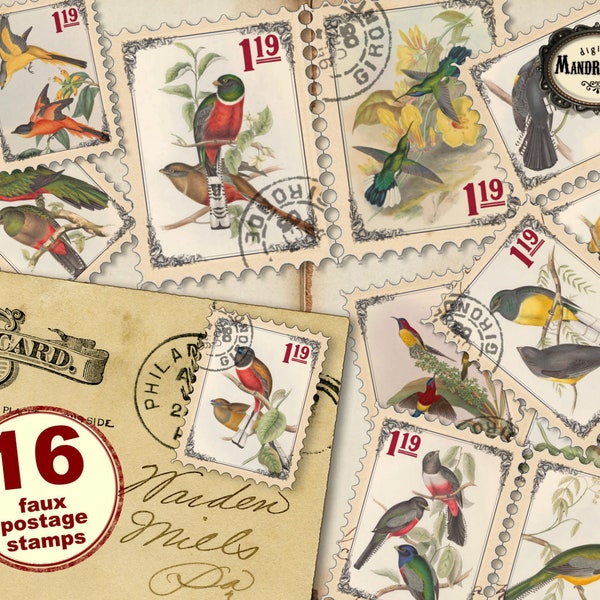 Vintage birds faux postage stamps, printable stamps, scrapbooking stamps, junk journal embellishments, digital download