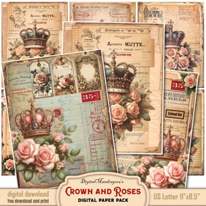 Antique Paper Pack with Ledger Sheets, Shabby  Cottagecore Roses, Ephemera and Regal Crowns, Aged grunge papers  for crafting and journaling