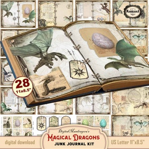 Magical Dragons junk journal kit, dragons journal, journal ephemera,  dragon scrapbook, dragons papers, dragons print, digital download