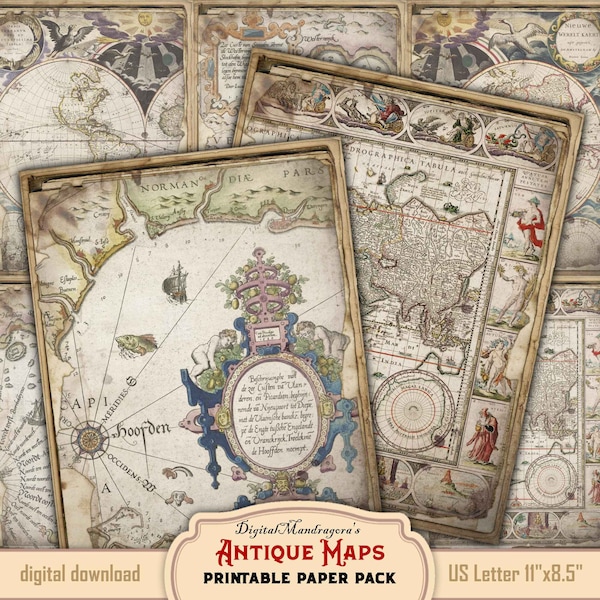 Old maps, antique maps, scrapbooking decorative papers, decoupage, junk journal pages, journaling, digital instant download