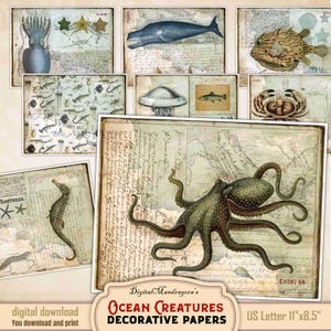 Ocean Themed Print Collection - Creatures Collage Paper Pack, Vintage Maritime Prints, Sea World Digital Download, Junk Journals, Decoupage