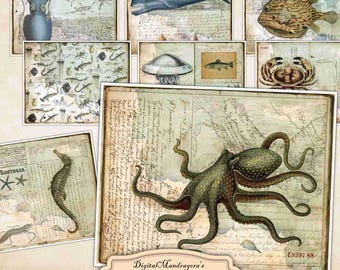 Vintage Ocean Collage Paper Pack: Sea Life Ephemera (Digital Download)