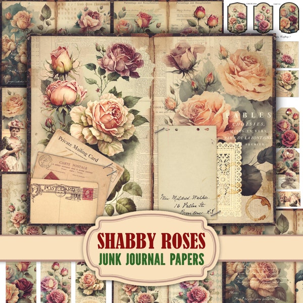 Digital junk journal kit with antique shabby watercolor pink and red roses, Vintage floral ephemera collage sheets with cards and labels