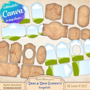 May include: A collection of digital Canva templates in various shapes, including tags and labels. Some templates feature a sky and landscape design, while others have a vintage paper texture. The image includes the text "editable Canva template".