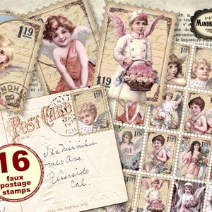 Cottage Chic printable faux postage stamps, angels cherubs, scrapbook stamps, junk journal embellishments, digital download
