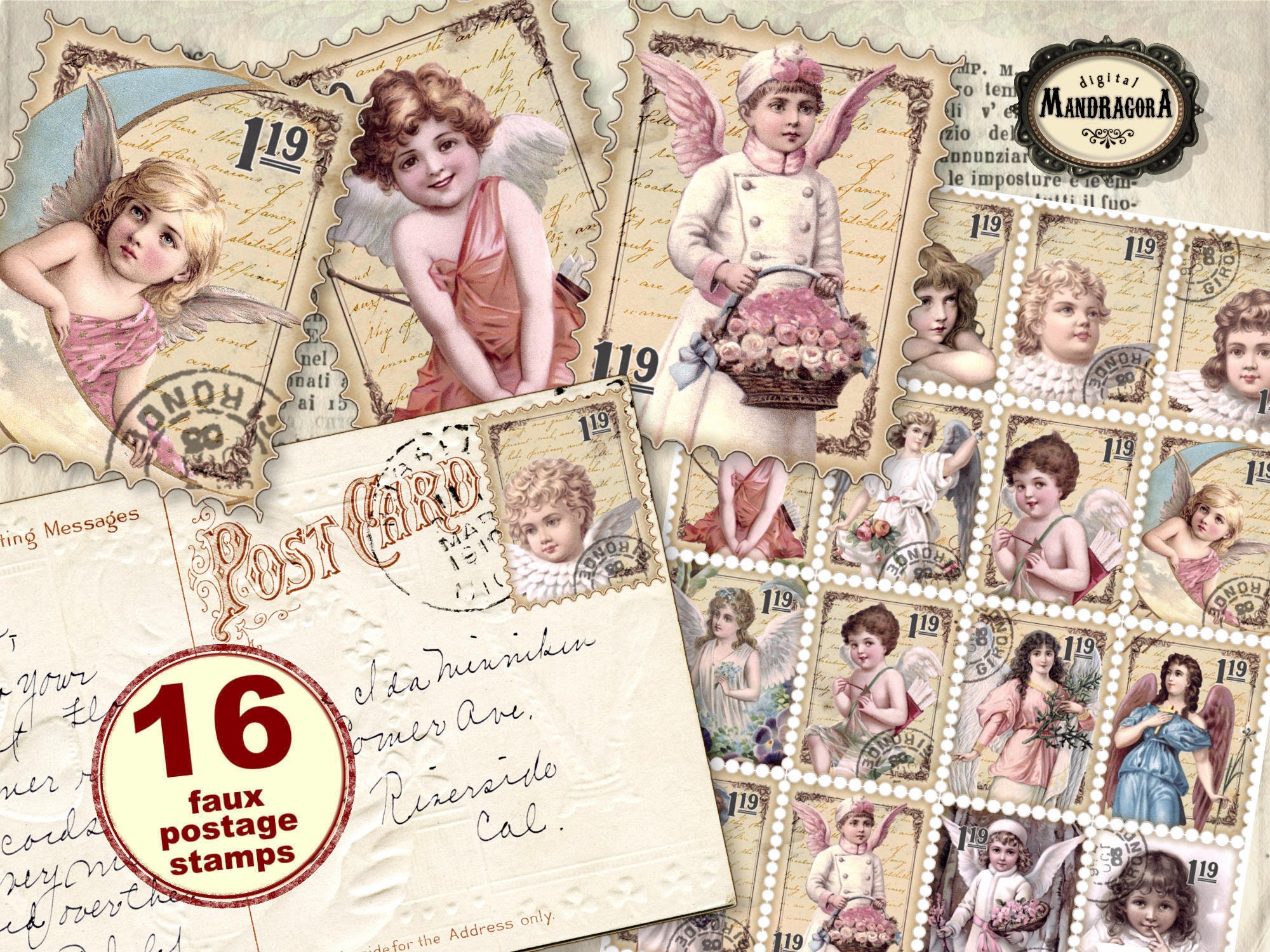 Delicate Postage Stamps Printable Floral Stamps, Junk Journal Ephemera,  Stickers Stamps Digital Download Sheet 2524 