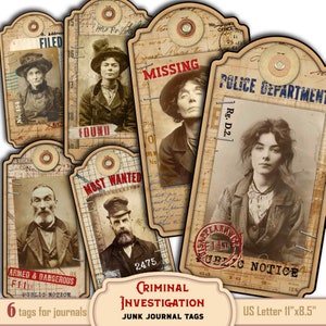 Può includere: Sei etichette stampabili in stile vintage con un tema di indagine criminale. Ogni etichetta presenta una fotografia segnaletica di una persona con testo come "Most Wanted", "Missing", "Found", "Armed & Dangerous" e "Police Department". Le etichette sono progettate per l'uso in giornali di scarto e hanno le dimensioni del formato A4, 29,7 cm per 21 cm.